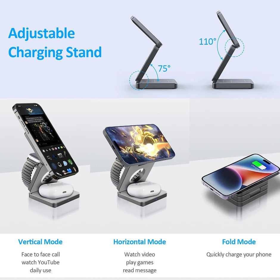 Minimalist iPhone 3-in-1 Foldable Magnetic Wireless Charging Station, 15W Fast-Charge Stand for Phone, Watch & Earbuds with Compact Travel Design Research 3-in-1 magnetic wireless chargers Spend a few minutes for better results