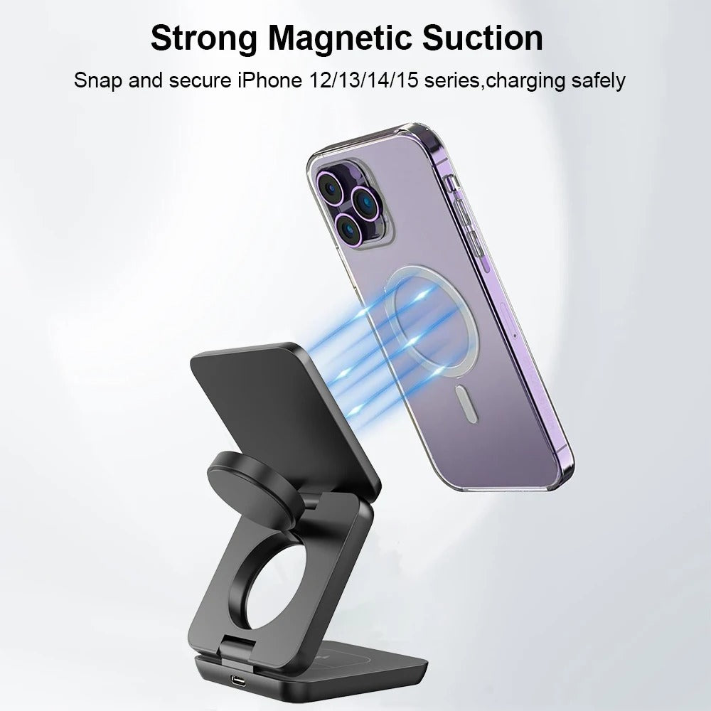 Minimalist iPhone 3-in-1 Foldable Magnetic Wireless Charging Station, 15W Fast-Charge Stand for Phone, Watch & Earbuds with Compact Travel Design Research 3-in-1 magnetic wireless chargers Spend a few minutes for better results