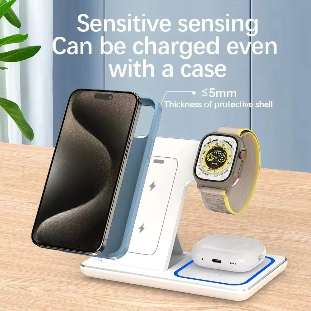 Minimalist iPhone 3-in-1 Foldable Wireless Charging Station, 15W Fast-Charge Stand for Phone, Watch & Earbuds with LED Light