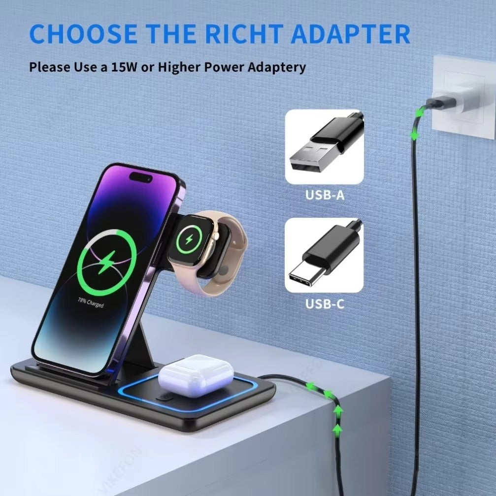Minimalist iPhone 3-in-1 Foldable Wireless Charging Station, 15W Fast-Charge Stand for Phone, Watch & Earbuds with LED Light
