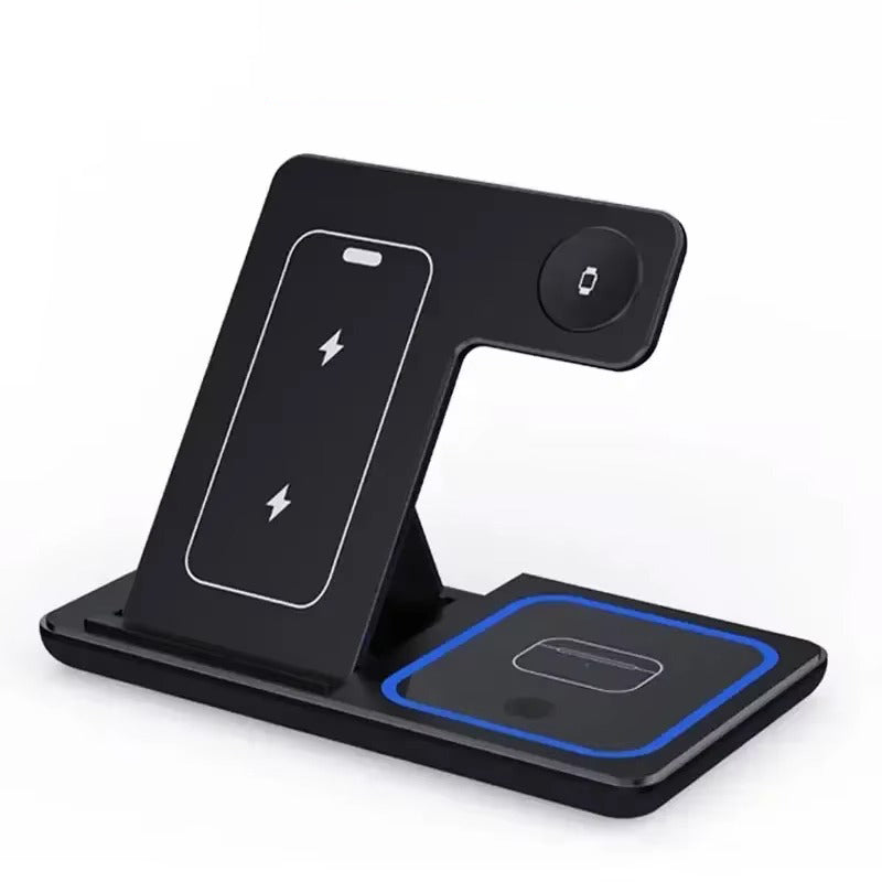 Minimalist iPhone 3-in-1 Foldable Wireless Charging Station, 15W Fast-Charge Stand for Phone, Watch & Earbuds with LED Light