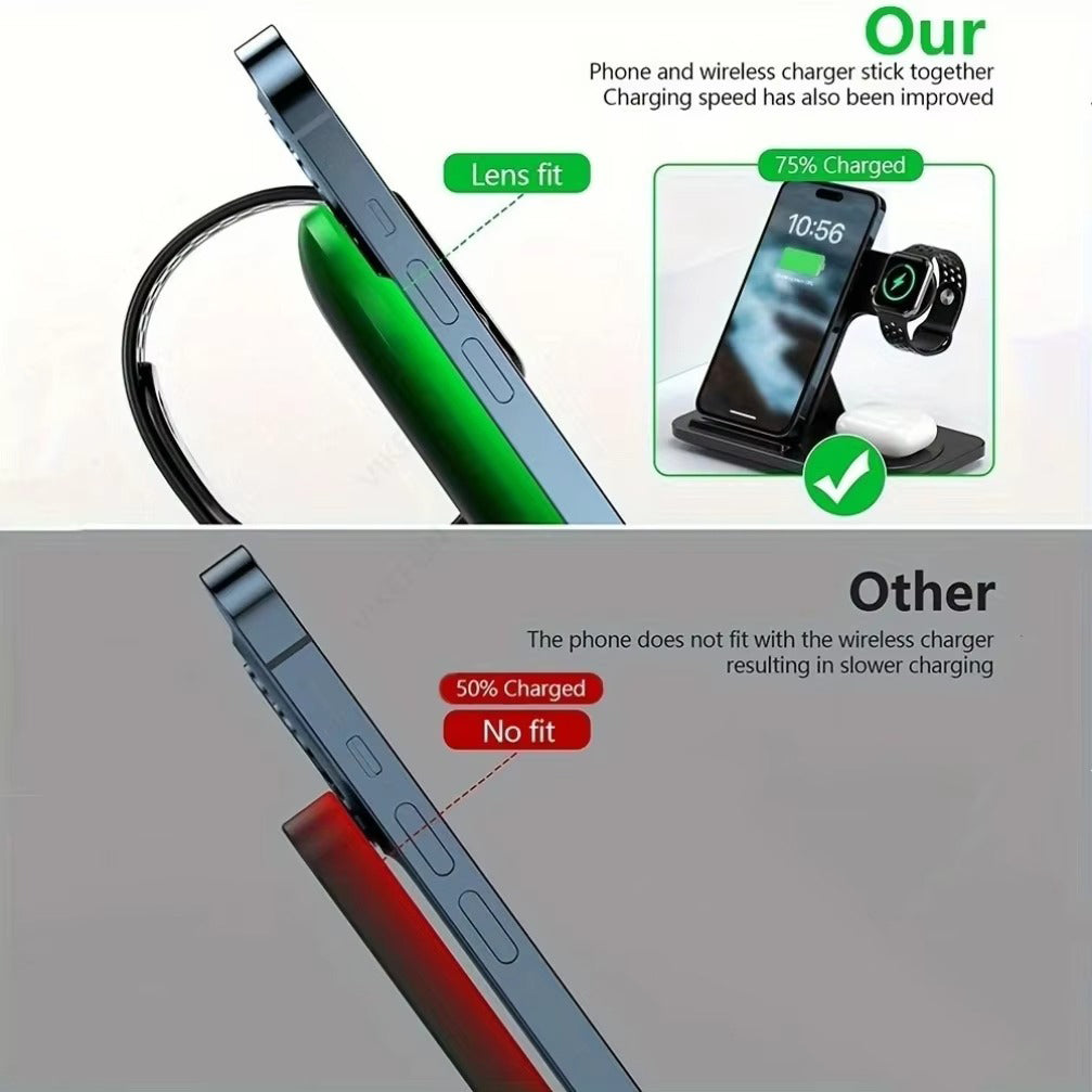 Minimalist iPhone 3-in-1 Foldable Wireless Charging Station, 15W Fast-Charge Stand for Phone, Watch & Earbuds with LED Light