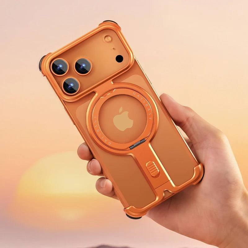 Minimalist iPhone Case — Aluminum Frameless MagSafe Cover with 360° Magnetic Stand and Slim Shockproof Metal Design