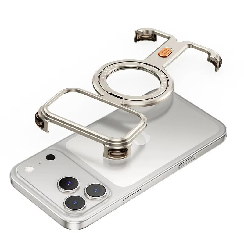 Minimalist iPhone Case — Aluminum Frameless MagSafe Cover with 360° Magnetic Stand and Slim Shockproof Metal Design