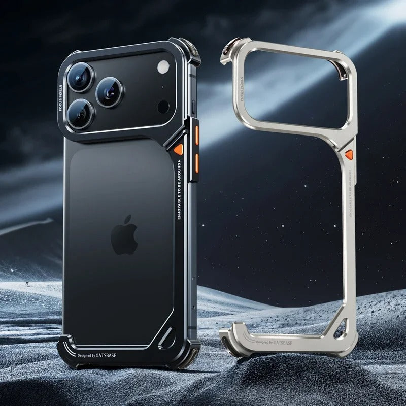 Minimalist iPhone Case — Aluminum Frame with Lens Holder, MagSafe Wireless-Charging Support, Slim Drop-Protection Metal Design