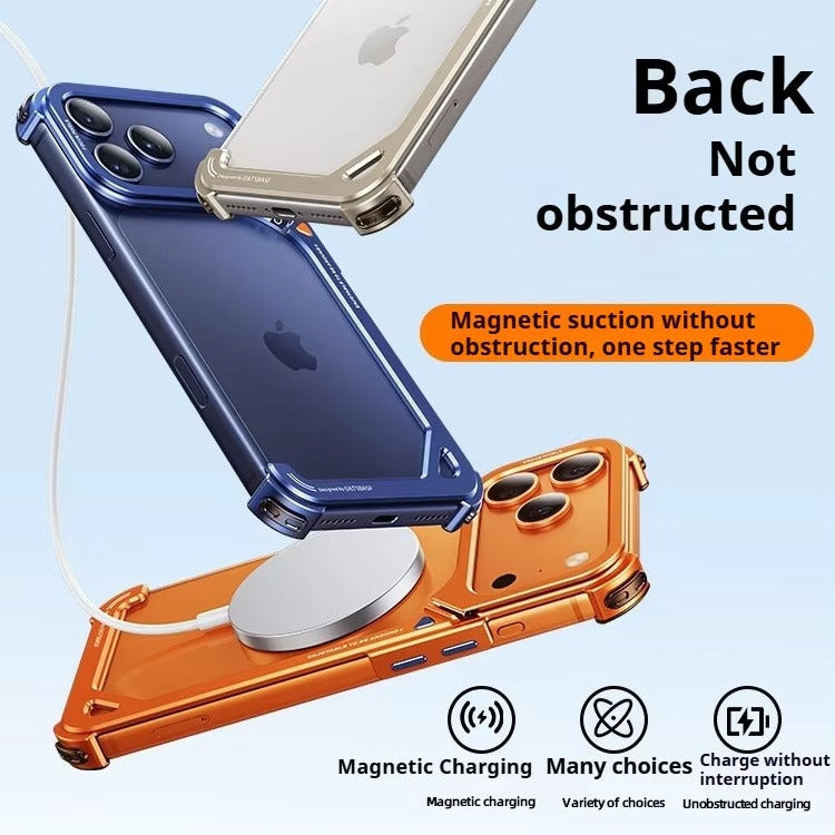 Minimalist iPhone Case — Aluminum Frame with Lens Holder, MagSafe Wireless-Charging Support, Slim Drop-Protection Metal Design