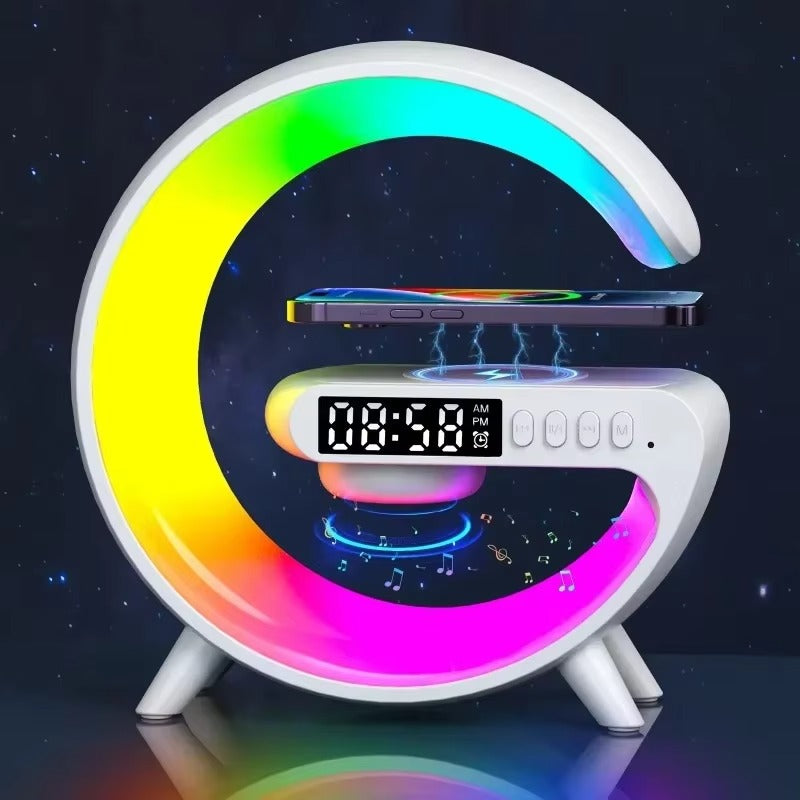 Premium 15W Multifunction Wireless Charger Pad with Speaker, RGB Night Light, Fast Charging Stand, USB-C Input & Charging Indicator for Smartphones