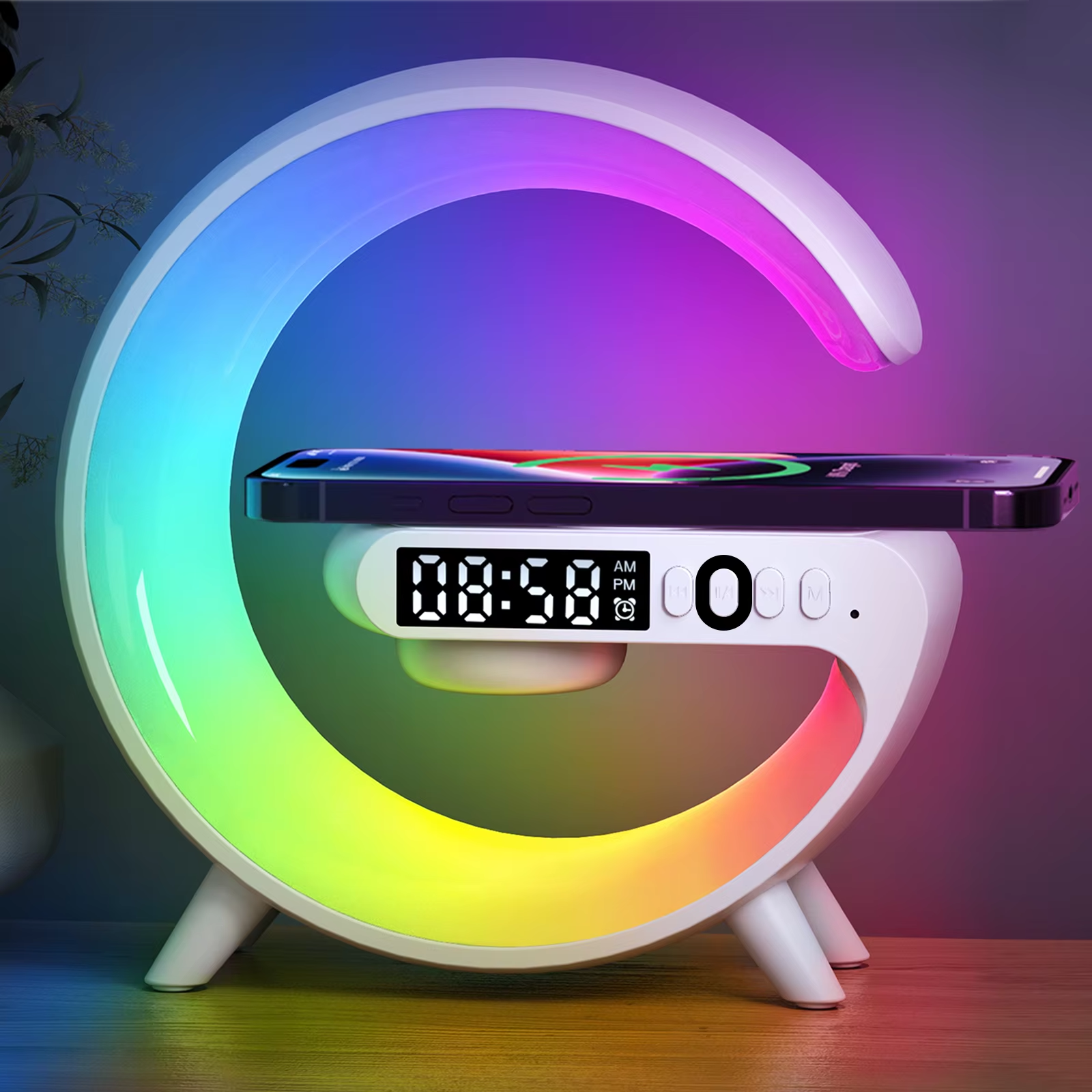 Premium 15W Multifunction Wireless Charger Pad with Speaker, RGB Night Light, Fast Charging Stand, USB-C Input & Charging Indicator for Smartphones
