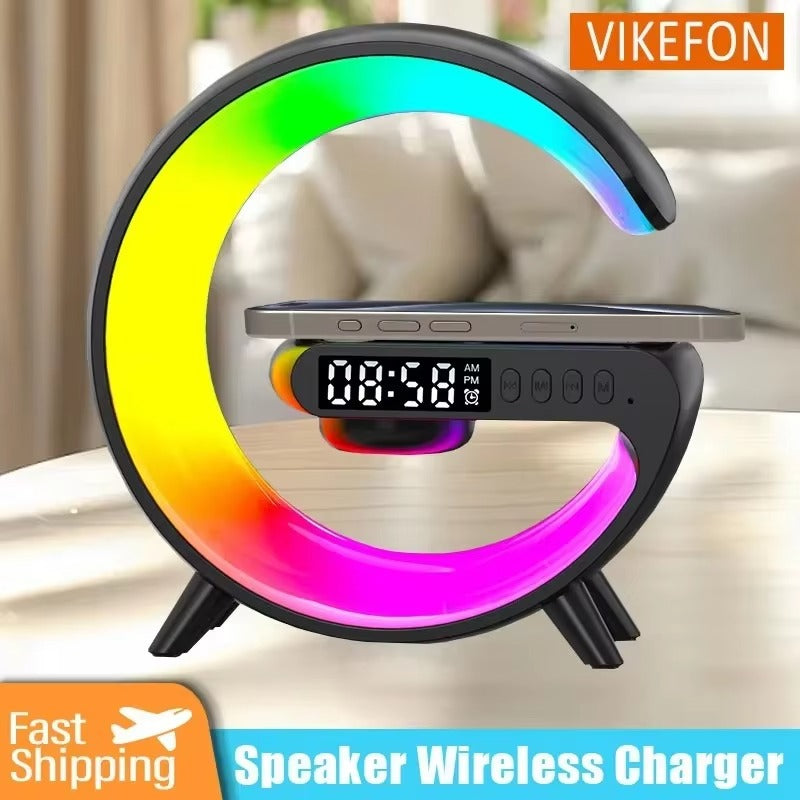 Premium 15W Multifunction Wireless Charger Pad with Speaker, RGB Night Light, Fast Charging Stand, USB-C Input & Charging Indicator for Smartphones