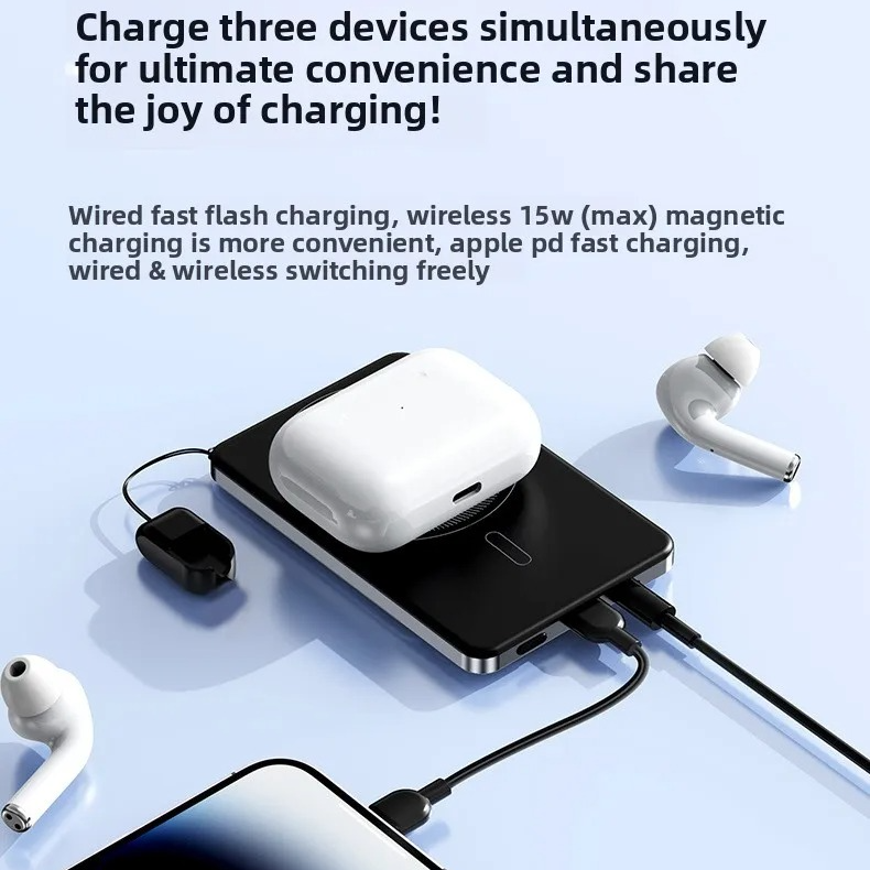 Premium 3-in-1 Magnetic Wireless Power Bank with Metal Stand, Fast Charging, Digital Display, Built-In Cables, Ultra-Thin Portable Battery Pack