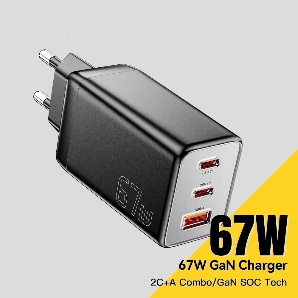 Premium 67W GaN Fast Charging Wall Charger with USB-C & USB Ports, PD Quick Charge Technology, Portable Travel Charger for Multiple Devices