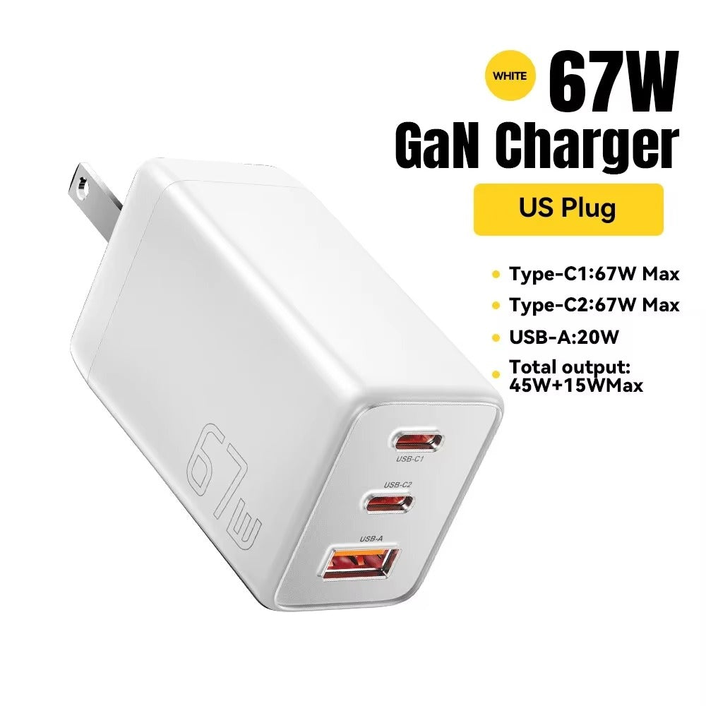Premium 67W GaN Fast Charging Wall Charger with USB-C & USB Ports, PD Quick Charge Technology, Portable Travel Charger for Multiple Devices