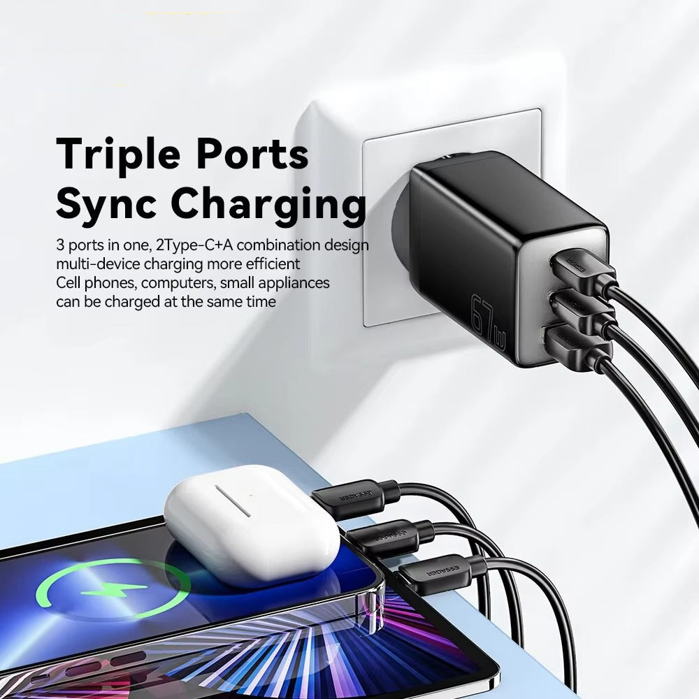 Premium 67W GaN Fast Charging Wall Charger with USB-C & USB Ports, PD Quick Charge Technology, Portable Travel Charger for Multiple Devices