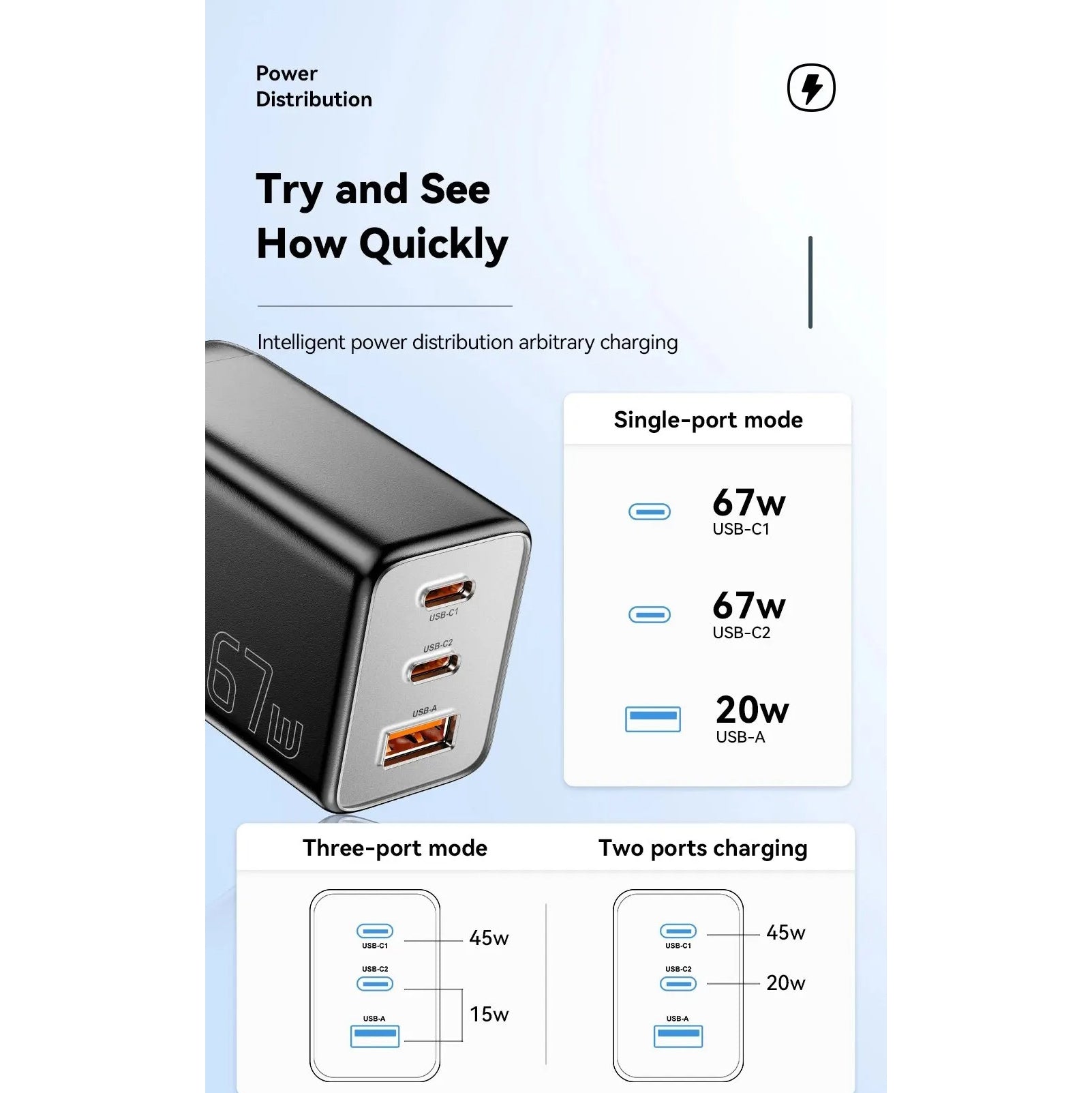 Premium 67W GaN Fast Charging Wall Charger with USB-C & USB Ports, PD Quick Charge Technology, Portable Travel Charger for Multiple Devices