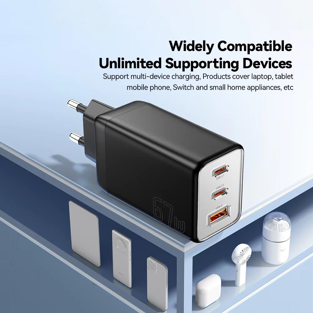 Premium 67W GaN Fast Charging Wall Charger with USB-C & USB Ports, PD Quick Charge Technology, Portable Travel Charger for Multiple Devices