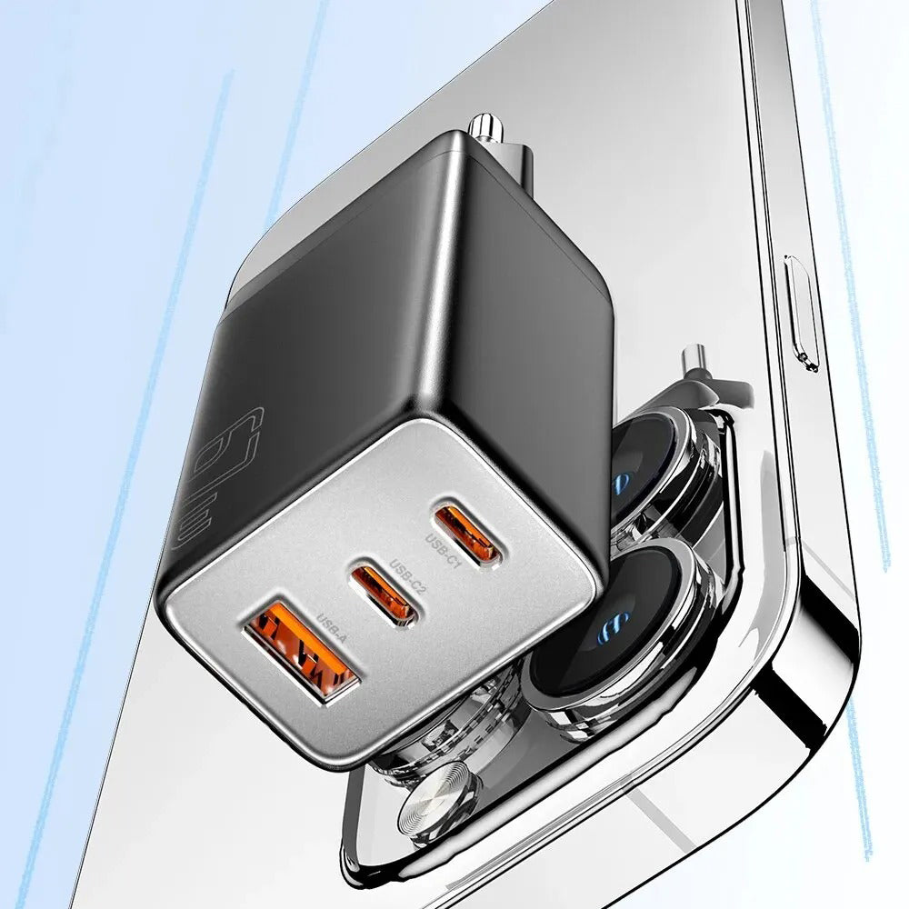 Premium 67W GaN Fast Charging Wall Charger with USB-C & USB Ports, PD Quick Charge Technology, Portable Travel Charger for Multiple Devices