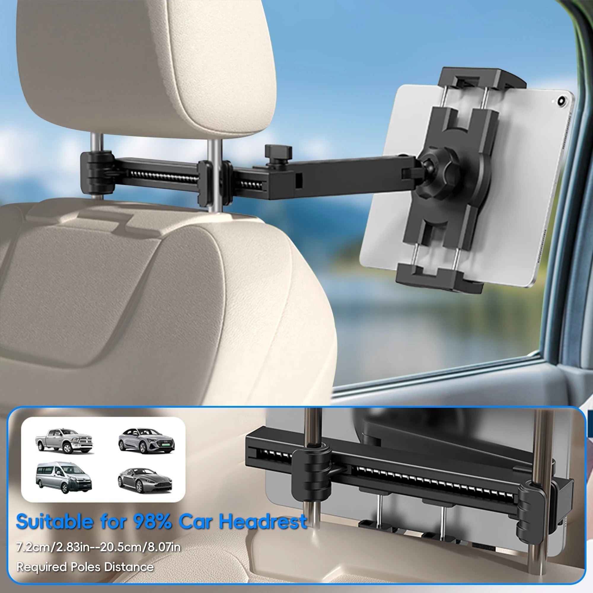 Premium Backseat Tablet & Phone Holder with Adjustable Headrest Installation, Stretchable Hands-Free Car Mount for Passengers