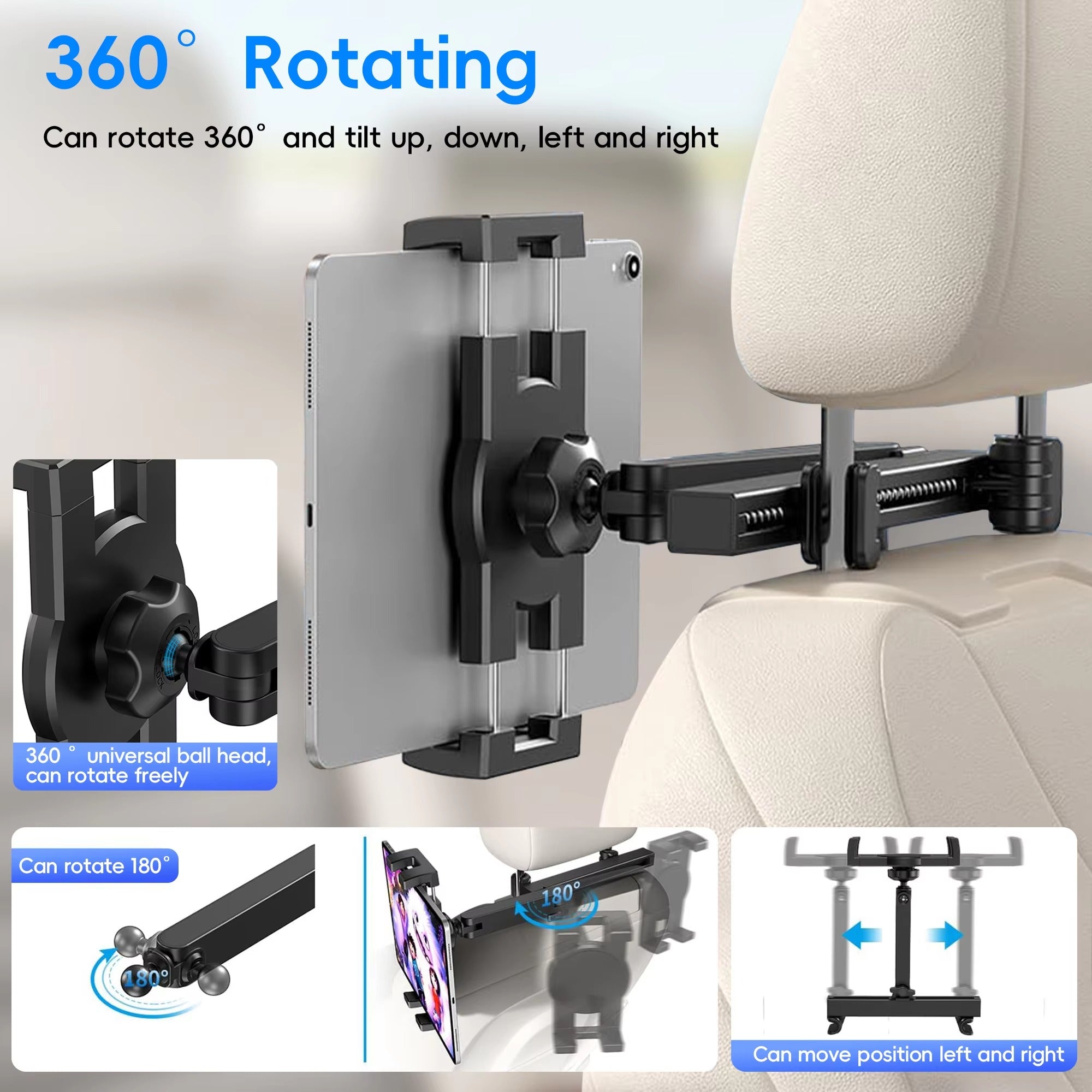 Premium Backseat Tablet & Phone Holder with Adjustable Headrest Installation, Stretchable Hands-Free Car Mount for Passengers