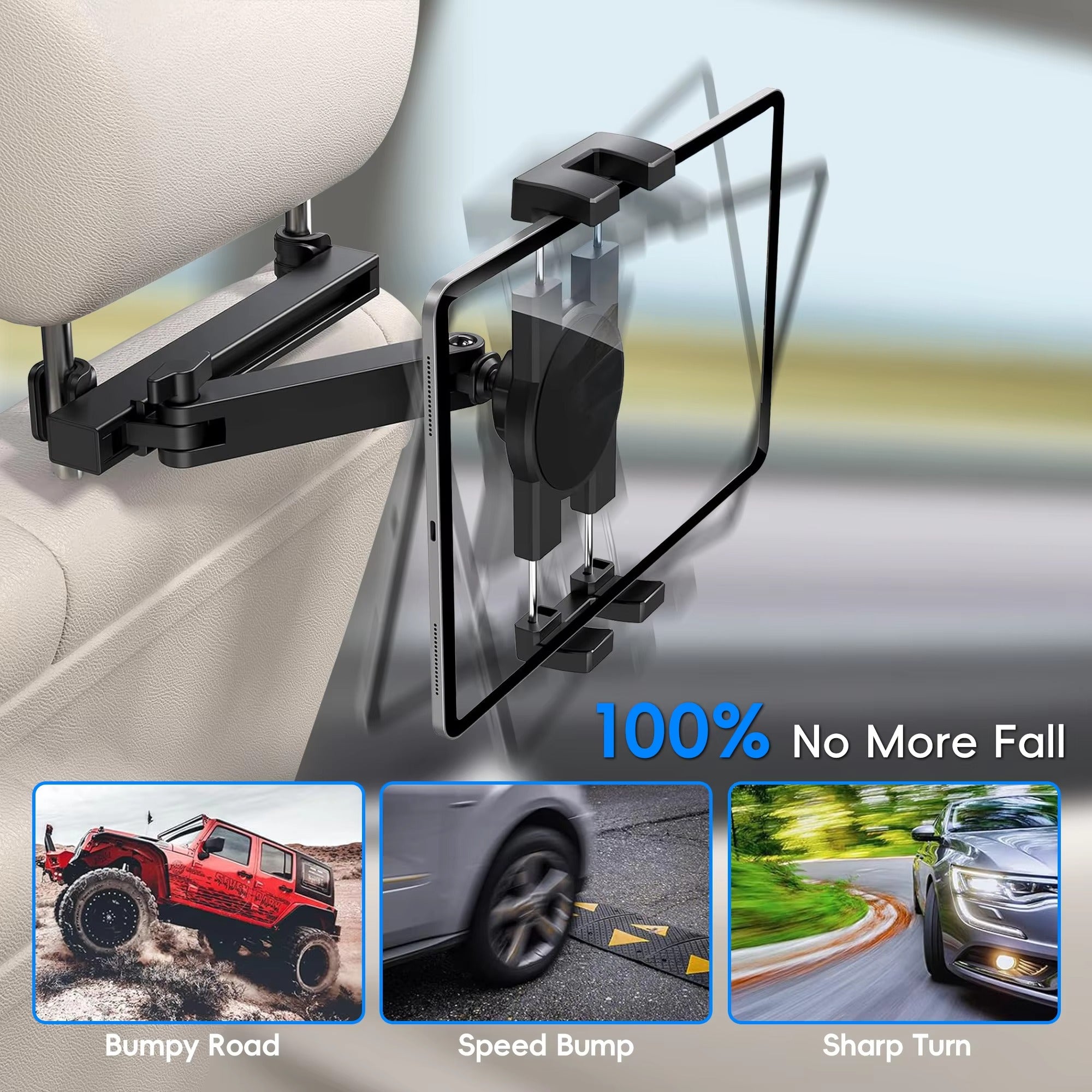 Premium Backseat Tablet & Phone Holder with Adjustable Headrest Installation, Stretchable Hands-Free Car Mount for Passengers