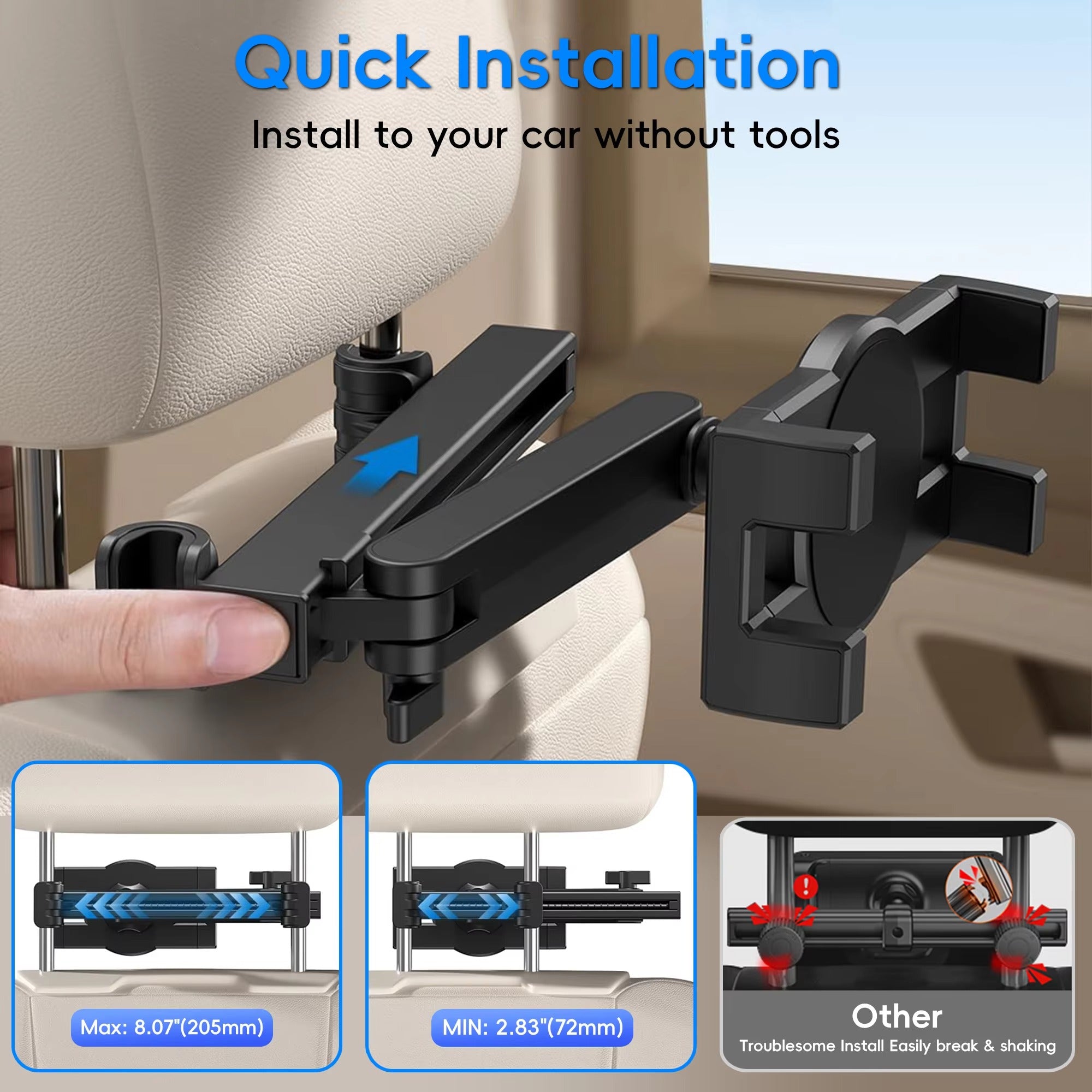 Premium Backseat Tablet & Phone Holder with Adjustable Headrest Installation, Stretchable Hands-Free Car Mount for Passengers