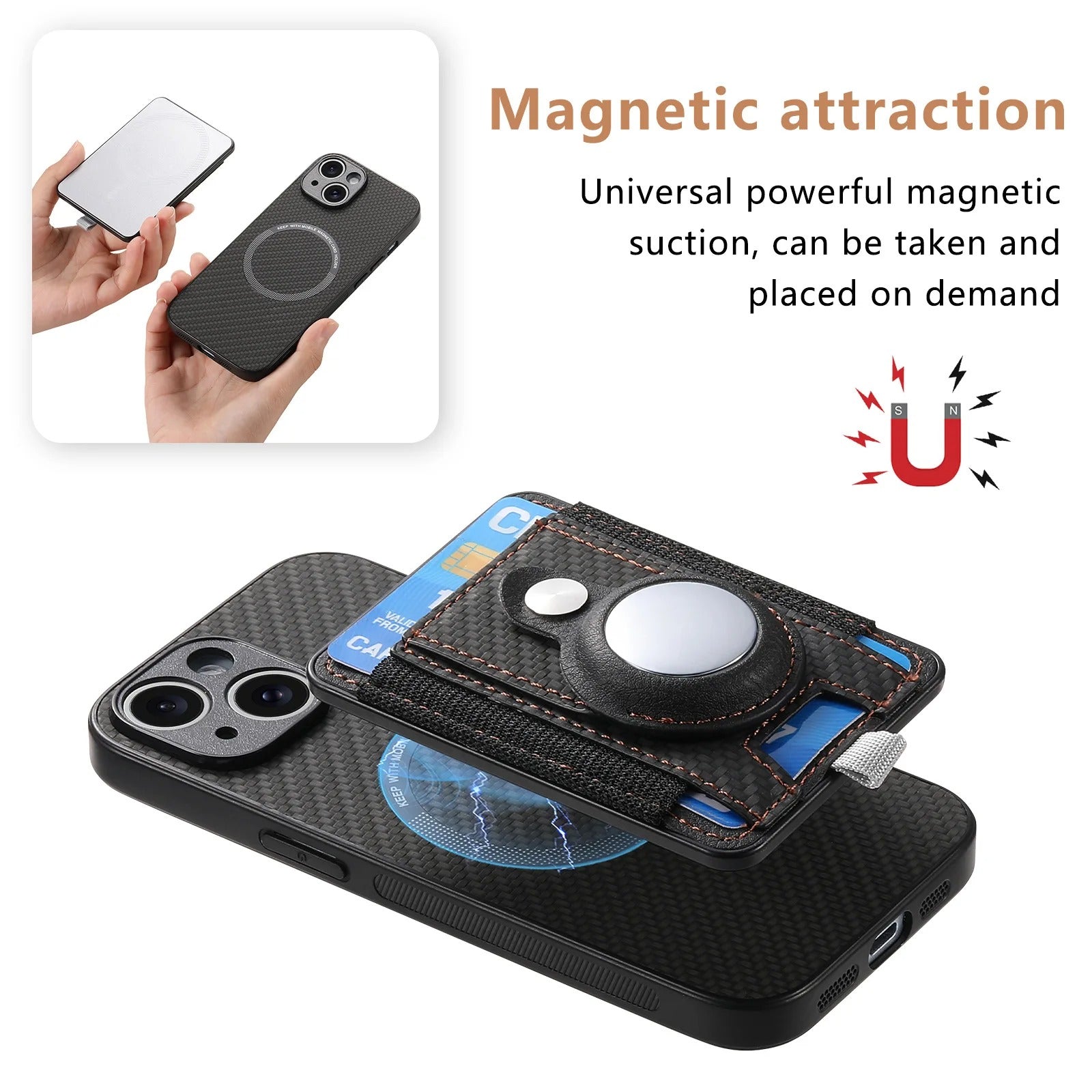 Premium iPhone Case — MagSafe Magnetic Wallet Cover with AirTag Card Holder, Shock-Resistant Anti-Scratch Non-Slip PC+TPU Design