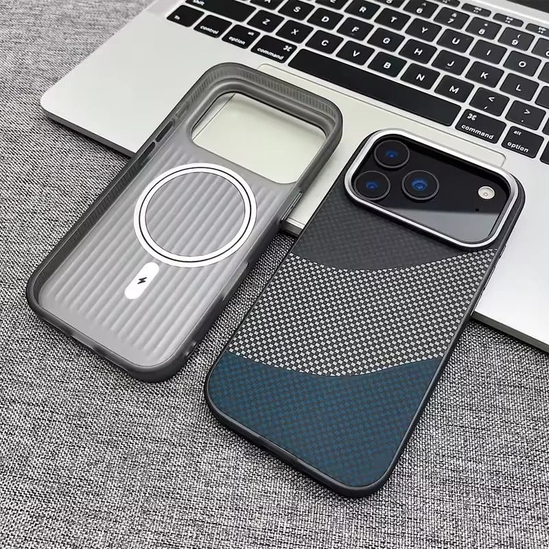 Premium iPhone Case — Carbon Fiber Texture MagSafe Armor Cover with Alloy Lens Protection, Shockproof Non-Slip Full-Coverage PC Design