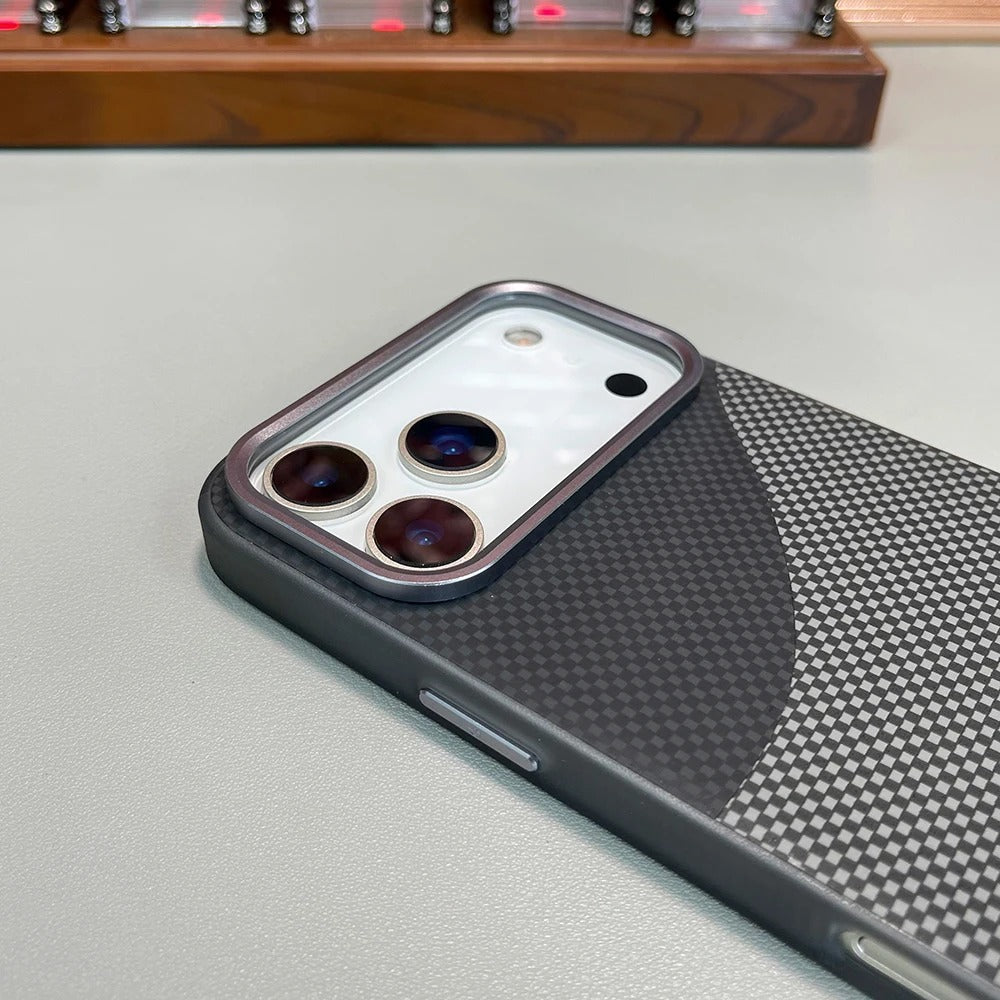 Premium iPhone Case — Carbon Fiber Texture MagSafe Armor Cover with Alloy Lens Protection, Shockproof Non-Slip Full-Coverage PC Design
