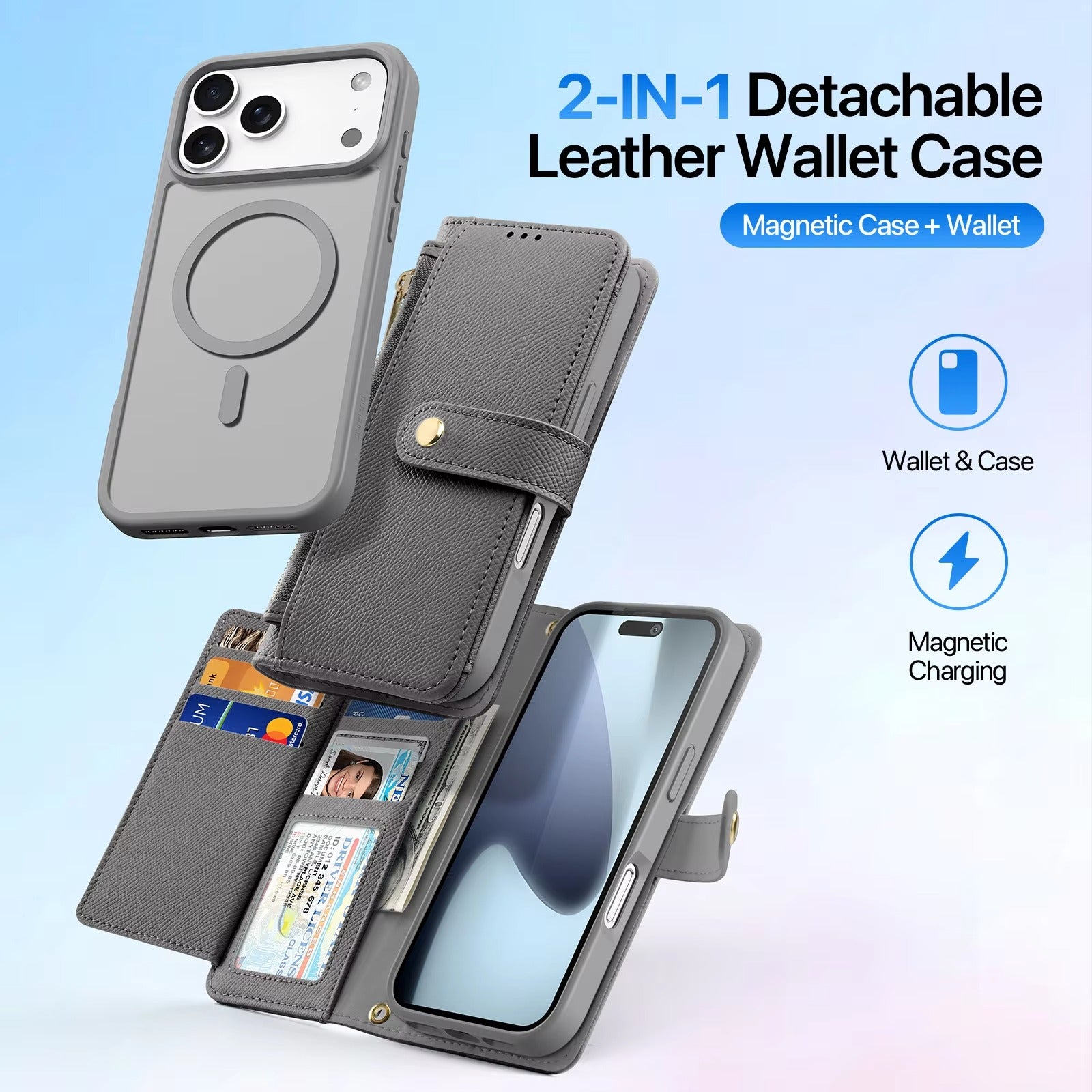 Premium iPhone Case — Cow Leather Detachable Magnetic Wallet Cover with Card Slots, Shockproof Drop Protection, Wireless-Charging Support & Lanyard Option