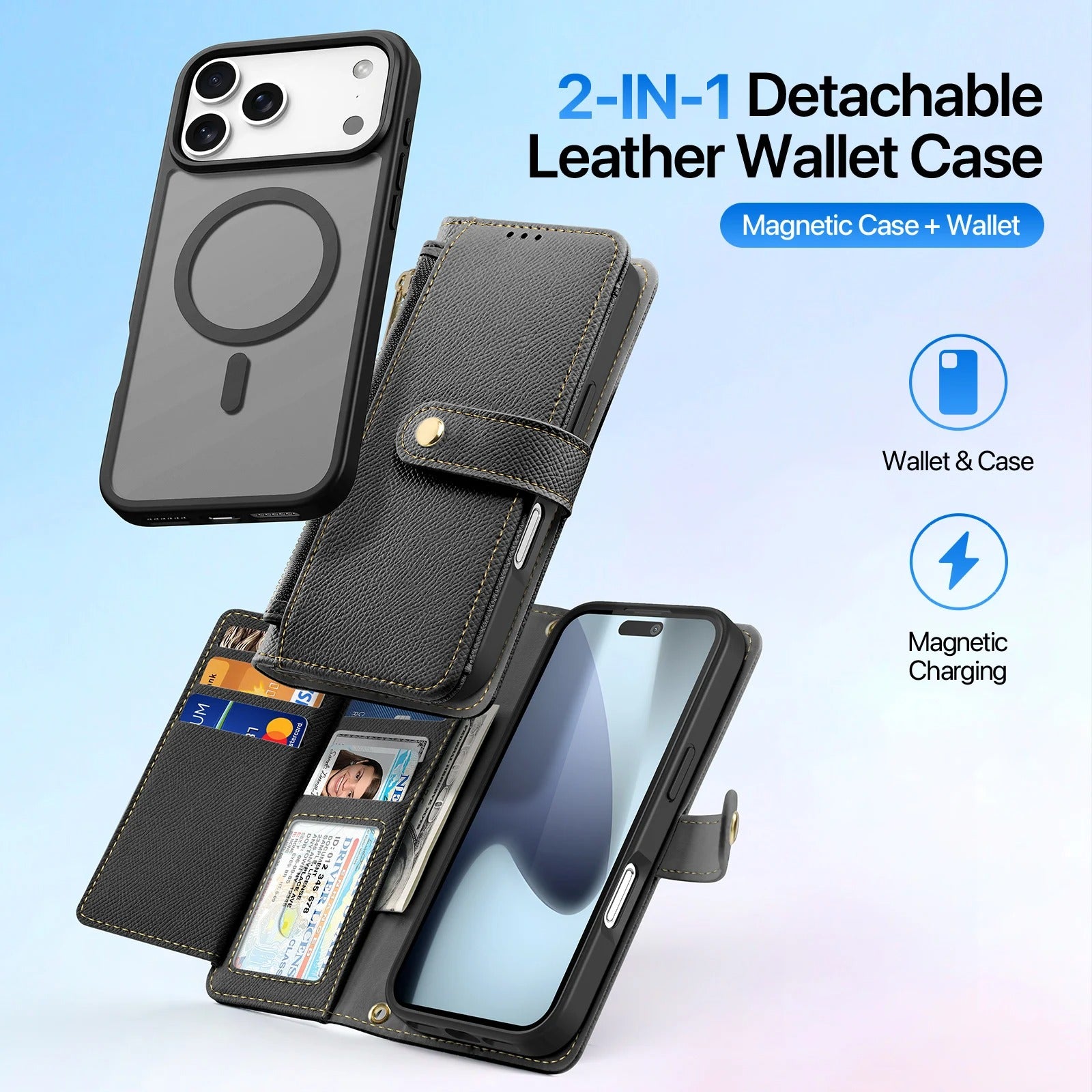 Premium iPhone Case — Cow Leather Detachable Magnetic Wallet Cover with Card Slots, Shockproof Drop Protection, Wireless-Charging Support & Lanyard Option