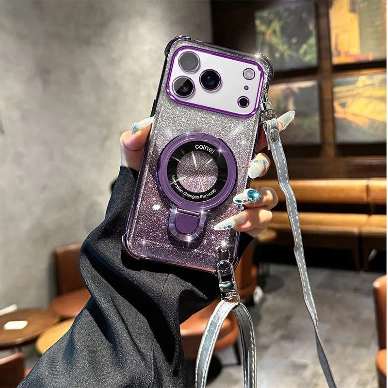 Premium iPhone Case — Four-Corner Anti-Drop TPU Cover with Wireless Charging Holder, Shockproof Lanyard Design & Half-Wrapped Protection