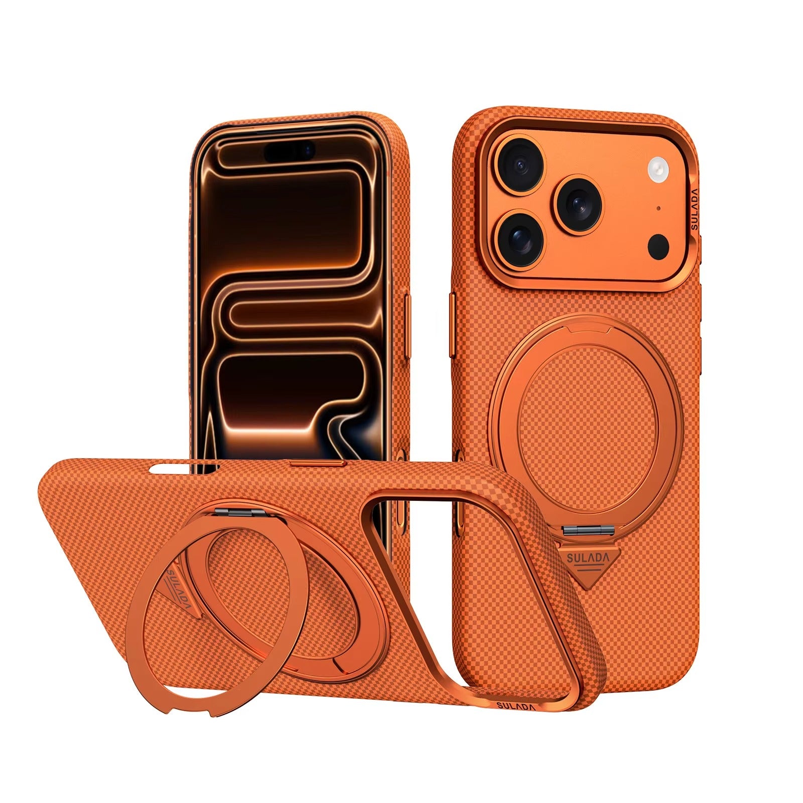 Premium iPhone Case — Kevlar Checkered Magnetic Stand Cover with Carbon Fiber Pattern, MagSafe PC Hard Shell & Raised Scratch-Resistant Lens Protection