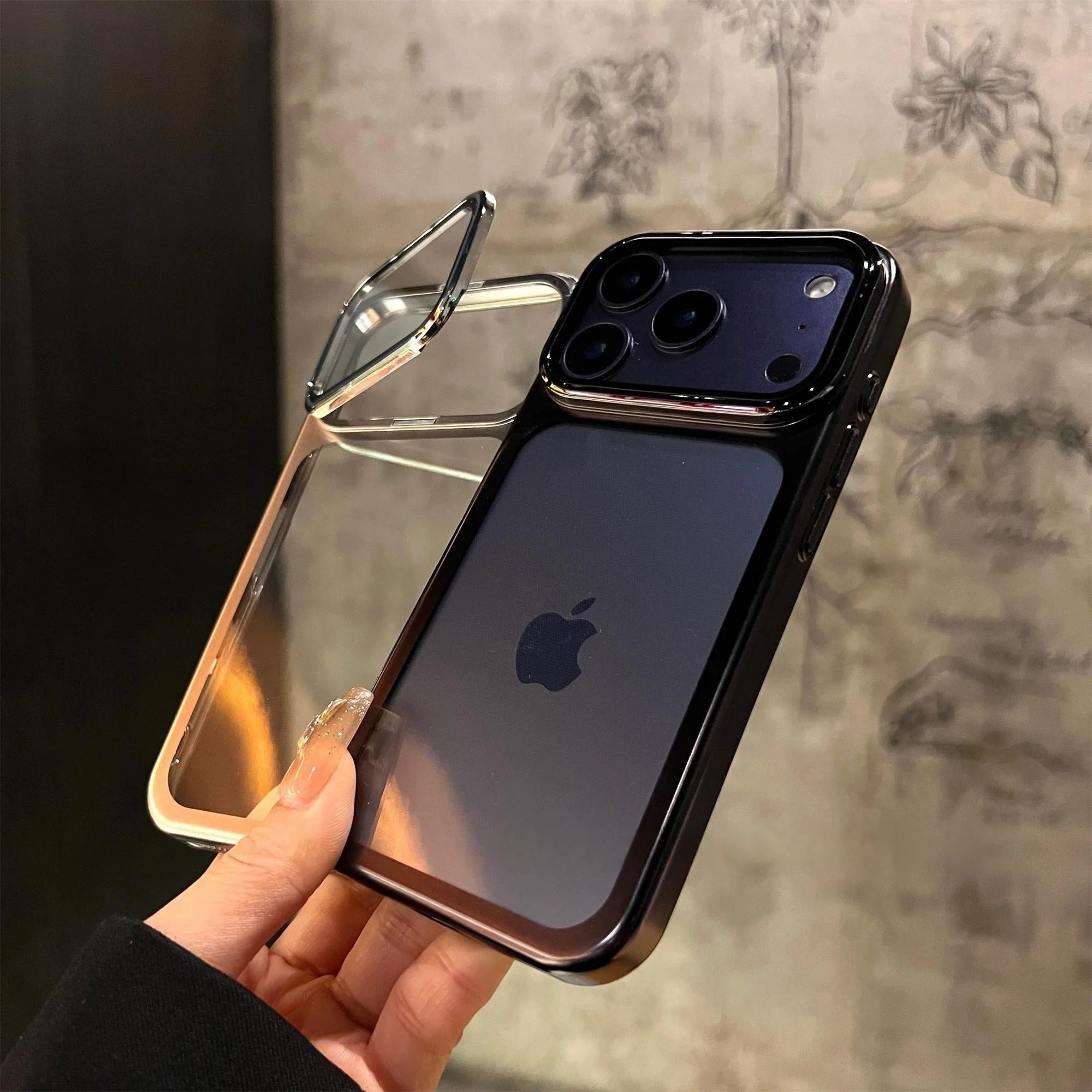Premium iPhone Case — Plating Transparent Ultra-Thin PC Cover with Fold-Glass Camera Bracket, Full Lens Protection and Shockproof Anti-Fingerprint Design