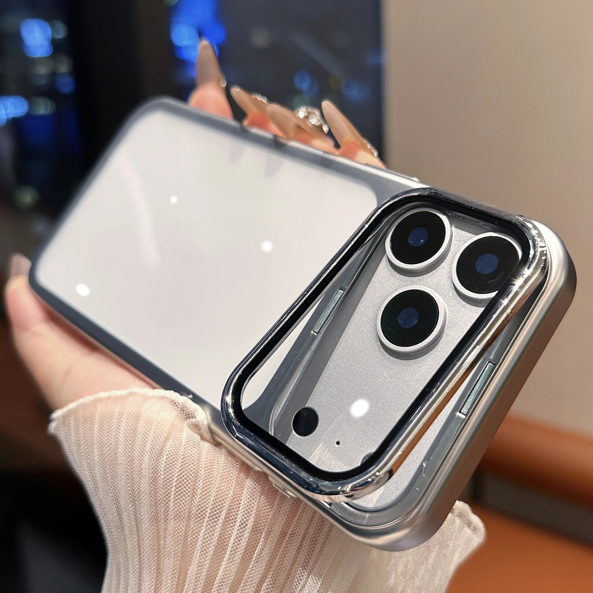 Premium iPhone Case — Plating Transparent Ultra-Thin PC Cover with Fold-Glass Camera Bracket, Full Lens Protection and Shockproof Anti-Fingerprint Design