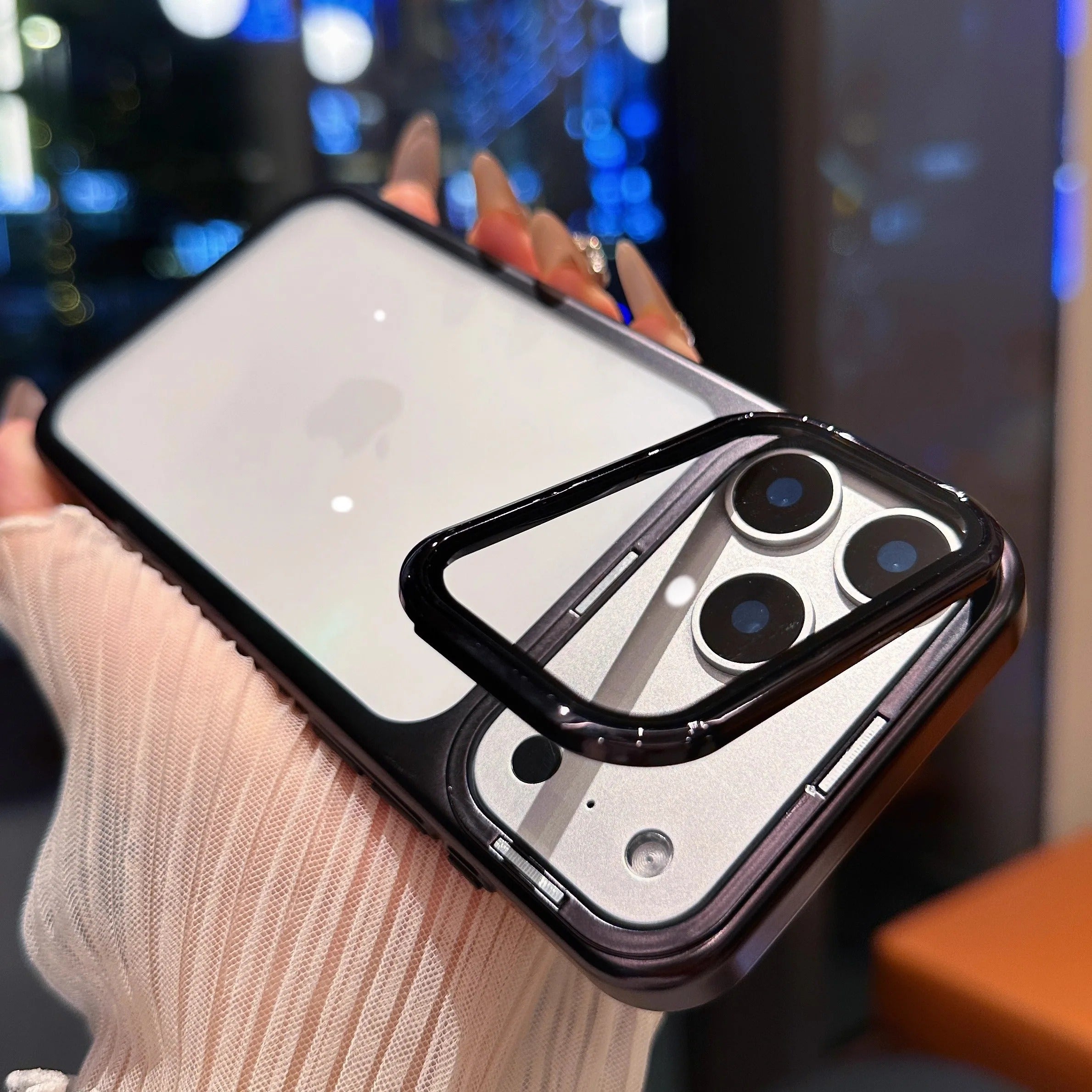 Premium iPhone Case — Plating Transparent Ultra-Thin PC Cover with Fold-Glass Camera Bracket, Full Lens Protection and Shockproof Anti-Fingerprint Design