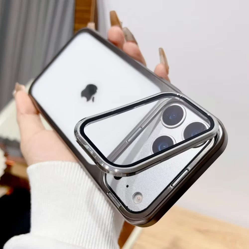 Premium iPhone Case — Plating Transparent Ultra-Thin PC Cover with Fold-Glass Camera Bracket, Full Lens Protection and Shockproof Anti-Fingerprint Design