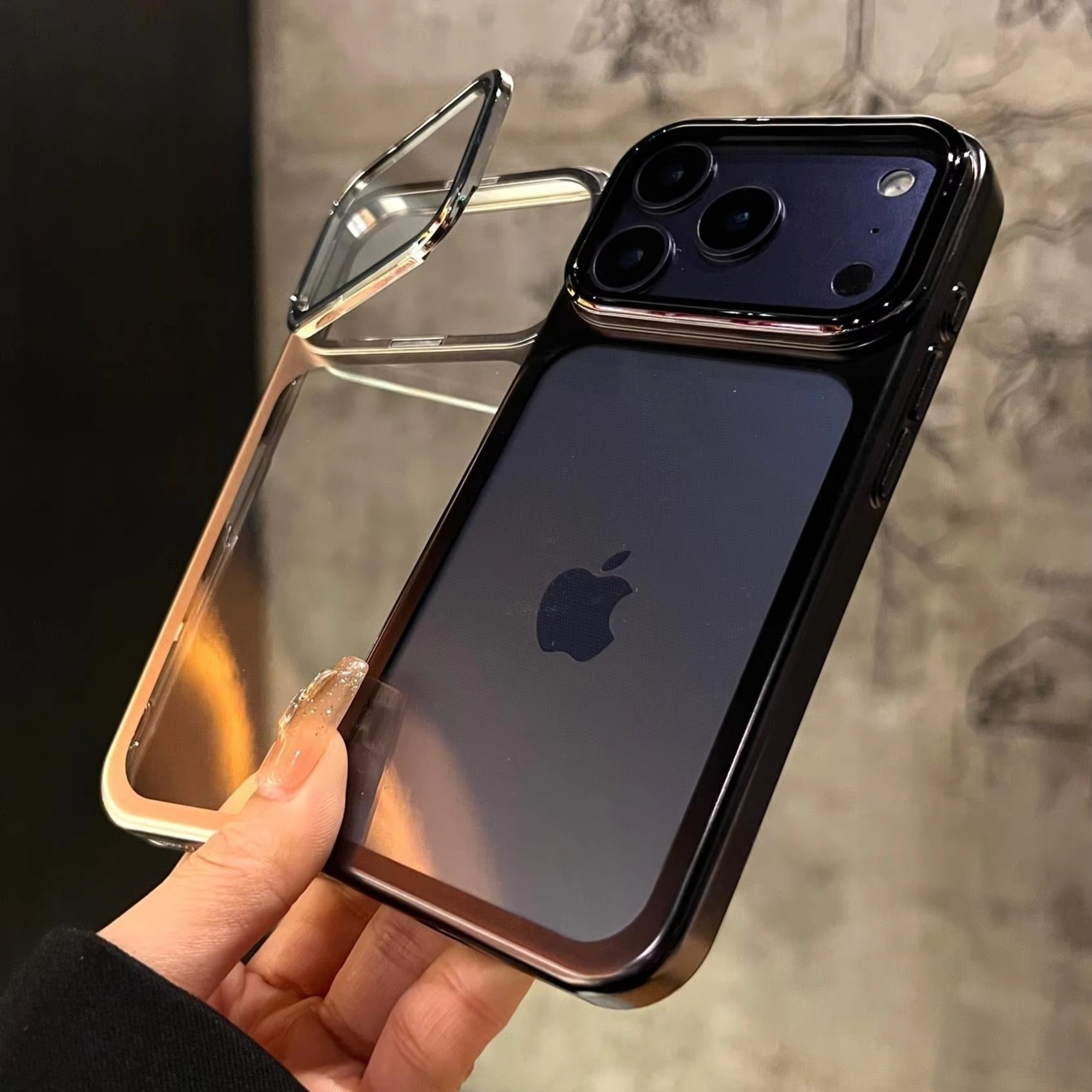 Premium iPhone Case — Plating Transparent Ultra-Thin PC Cover with Fold-Glass Camera Bracket, Full Lens Protection and Shockproof Anti-Fingerprint Design