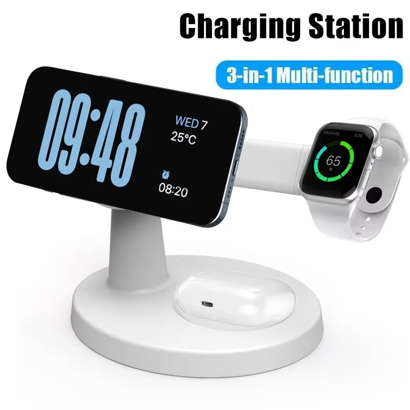 Premium iPhone MagSafe 3-in-1 Magnetic Wireless Charger Stand, Fast Charging Station for Phone, Watch & Earbuds with Type-C Power Input