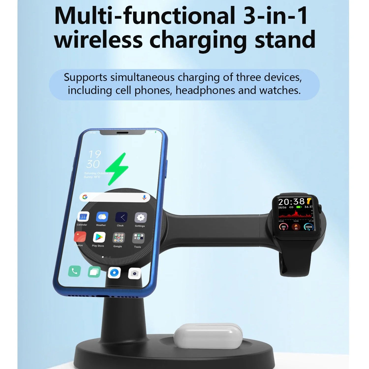 Premium iPhone MagSafe 3-in-1 Magnetic Wireless Charger Stand, Fast Charging Station for Phone, Watch & Earbuds with Type-C Power Input