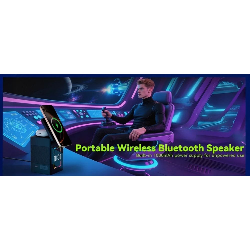 Premium iPhone Magnetic Wireless Charging Station, 15W Fast-Charge Stand with LED Display, Bluetooth Speaker & Alarm Clock
