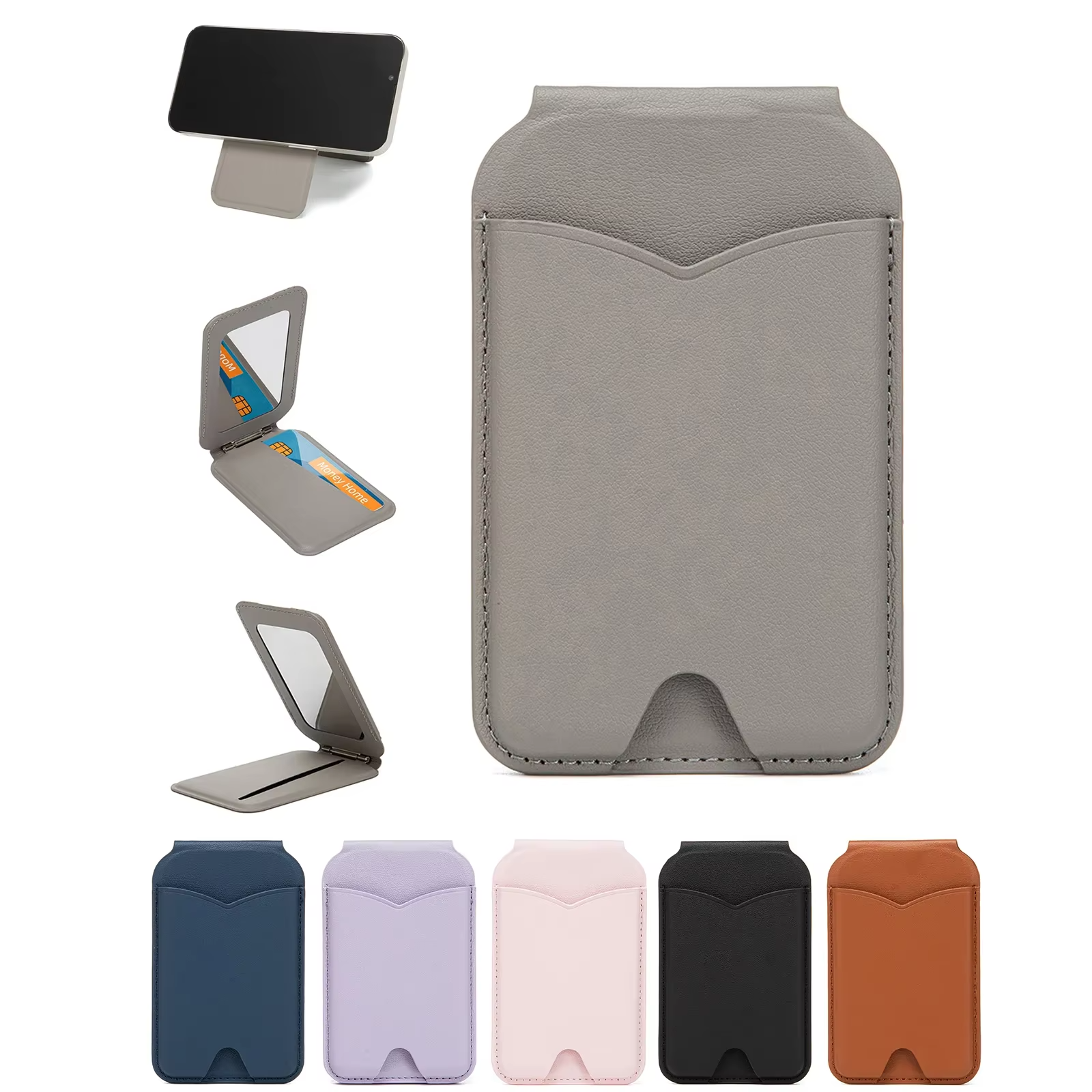 Refined iPhone Magnetic Wallet Stand with Mirror, MagSafe-Compatible PU Leather Card Holder with Adjustable Kickstand Design