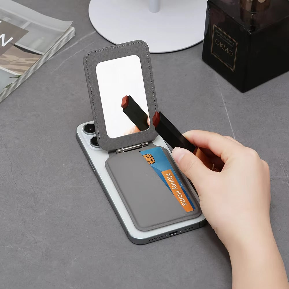 Refined iPhone Magnetic Wallet Stand with Mirror, MagSafe-Compatible PU Leather Card Holder with Adjustable Kickstand Design
