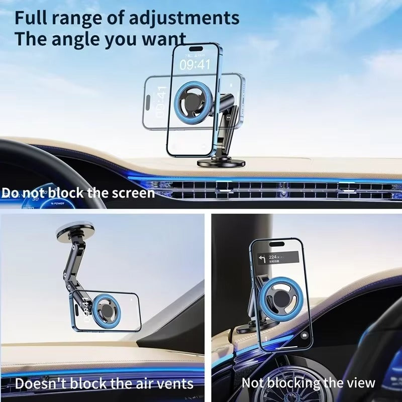 Rugged Magnetic Car Wireless Charger Stand, 15W Fast-Charge Metal Mount with 360° Rotation and Foldable Design