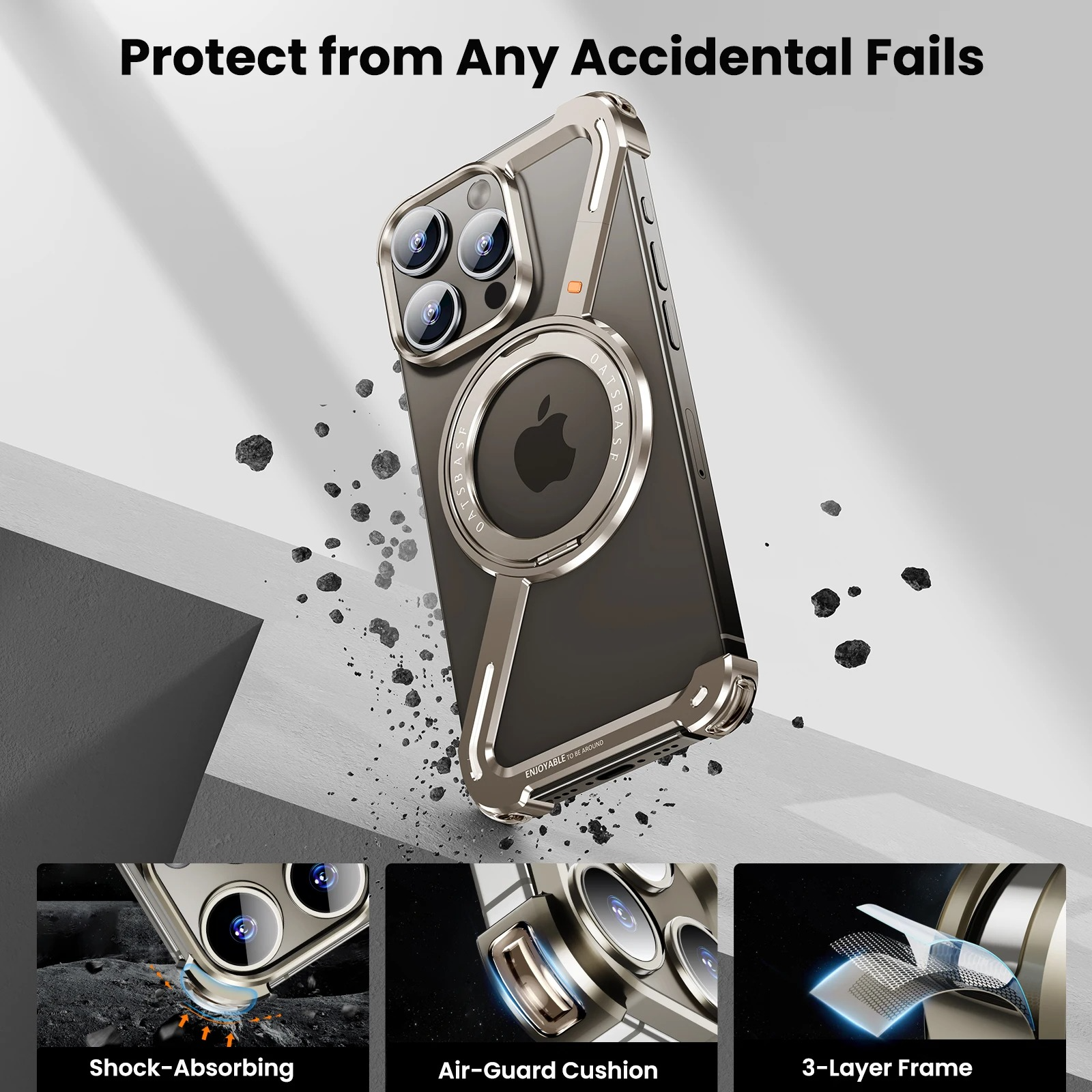 Rugged iPhone Case — Z-Shape Metal Shockproof Bumper with 360° Rotating Ring Holder, Magnetic, Wireless-Charging Compatible, Non-Slip Full Coverage