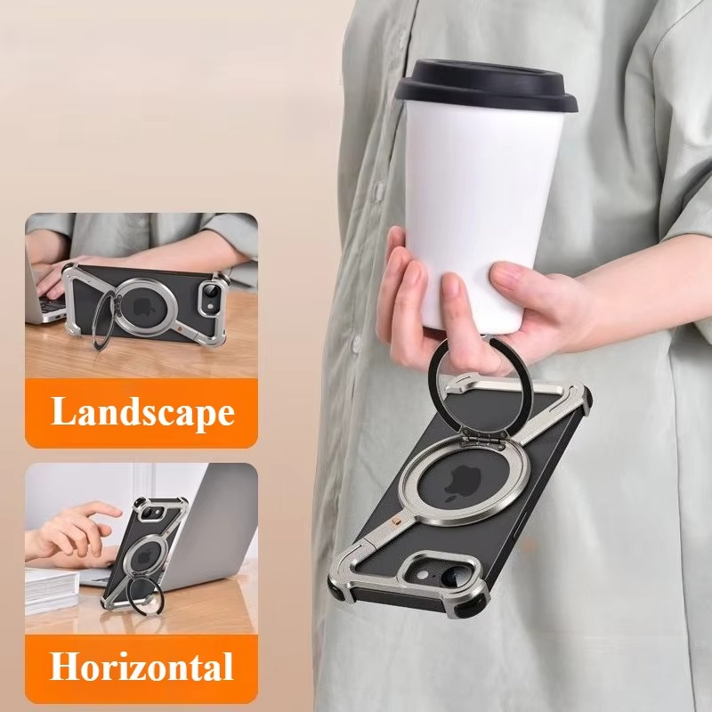 Rugged iPhone Case — Z-Shape Metal Shockproof Bumper with 360° Rotating Ring Holder, Magnetic, Wireless-Charging Compatible, Non-Slip Full Coverage
