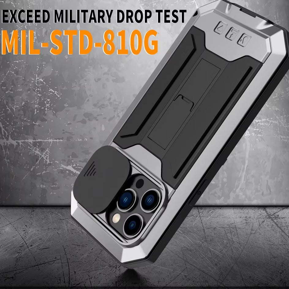 Rugged iPhone Case 360° Full Protection Shockproof — Metal Frame with Tempered Glass, Slide Camera Cover, Built-In Stand, Dustproof & Drop-Resistant Design