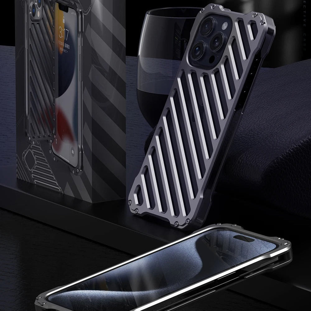 Rugged iPhone Case — Aluminum Armor Bumper with 3D Camera Lens Protective Frame, Shockproof Metal Gear Design & Transparent Hard Cover