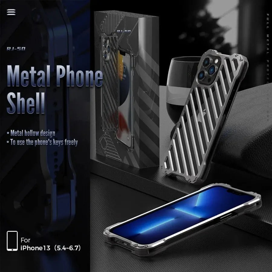 Rugged iPhone Case — Aluminum Armor Bumper with 3D Camera Lens Protective Frame, Shockproof Metal Gear Design & Transparent Hard Cover
