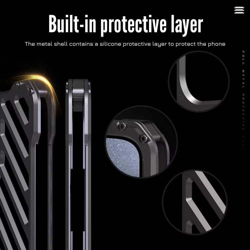 Rugged iPhone Case — Aluminum Armor Bumper with 3D Camera Lens Protective Frame, Shockproof Metal Gear Design & Transparent Hard Cover