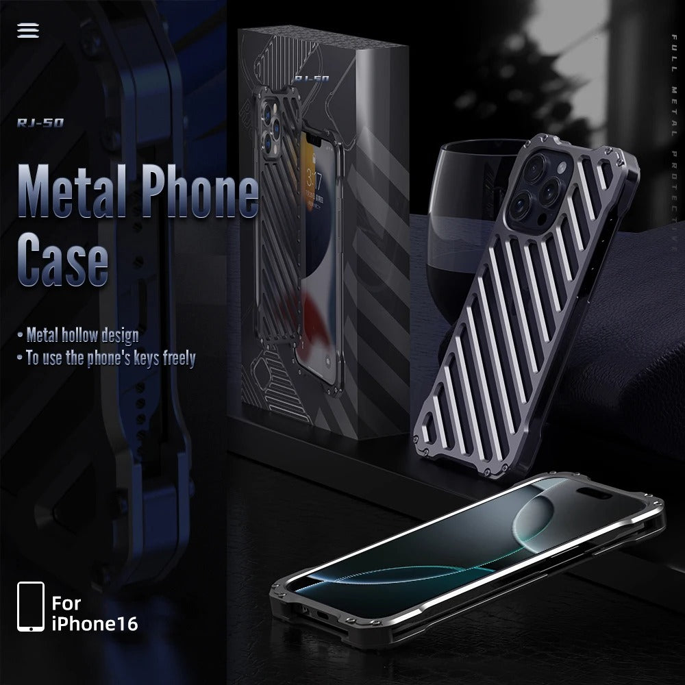 Rugged iPhone Case — Aluminum Armor Bumper with 3D Camera Lens Protective Frame, Shockproof Metal Gear Design & Transparent Hard Cover
