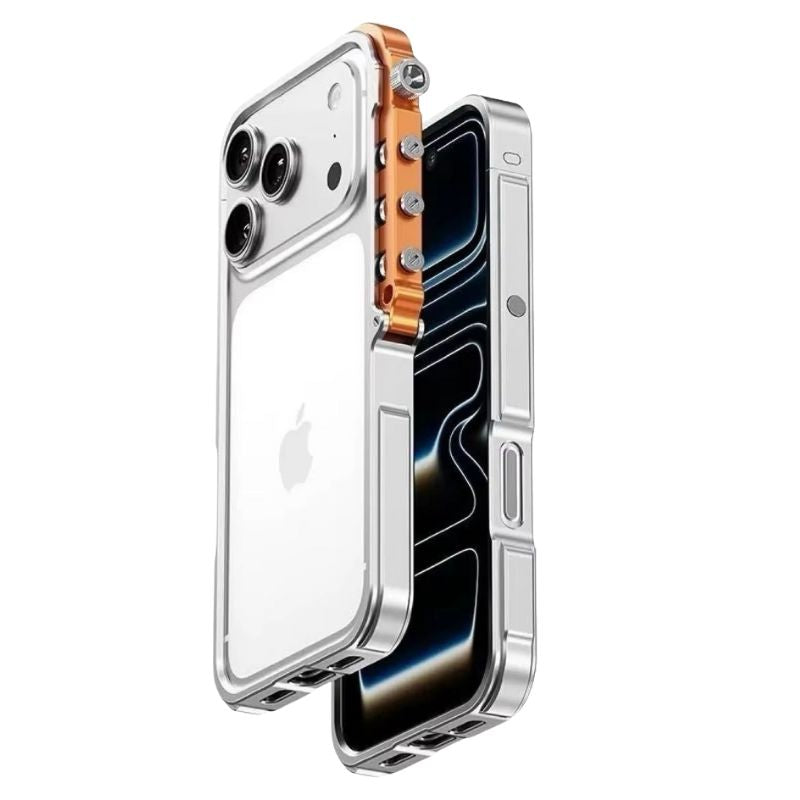 Rugged iPhone Case — Cyberpunk Aluminum Alloy Mechanical Bumper with Shockproof Metal Frame and Heavy-Duty Drop Protection